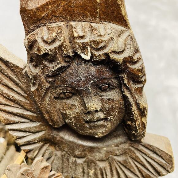 Vintage Handmade Wooden Angel Basket Brown Hand Carved Twig Pinecone Handled - Picture 6 of 11